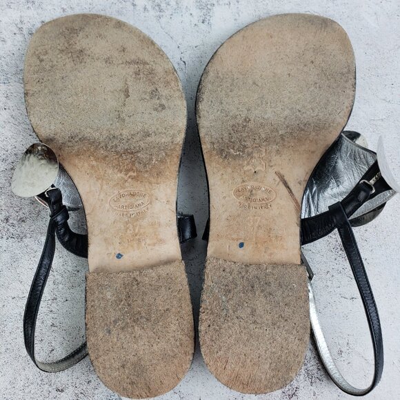 iL Sandalo Italia Black Leather Sandals Flats Hammered Metal size 37 Boho Resort - Picture 9 of 11